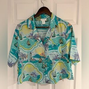 Cynthia Rowley Women's Sz Med Tropical Beach Print Short Sleeve Button Up Shirt